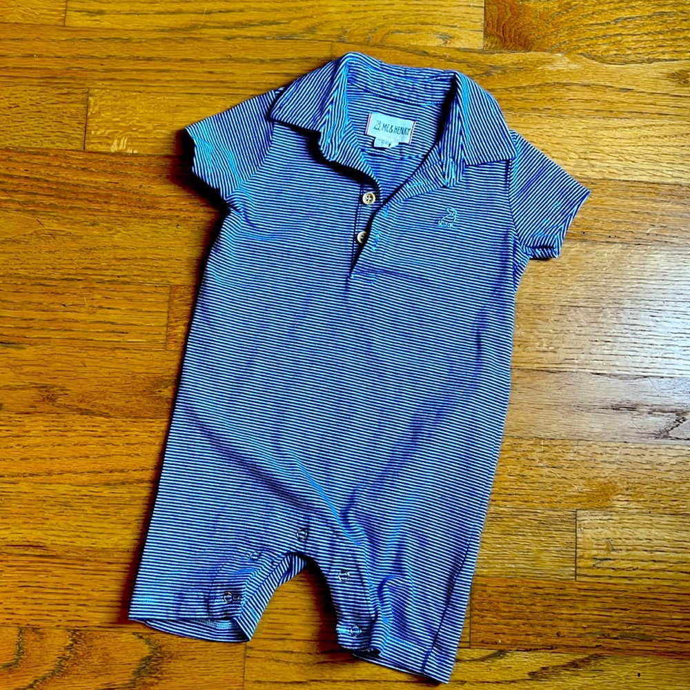 Blue and white stripe polo romper